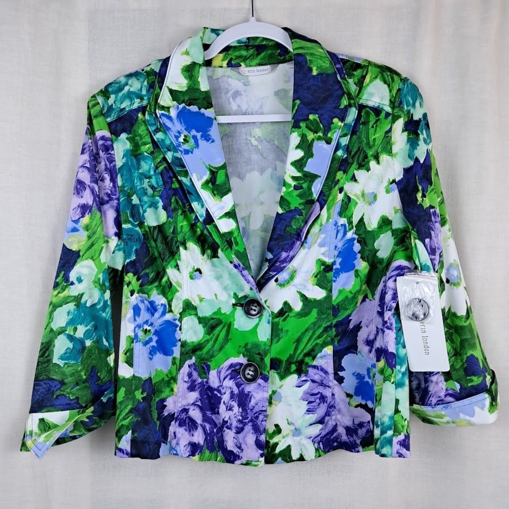 Erin London M Blue Green Floral Cropped Blazer 3/4 Sleeve Wired Collar NWT